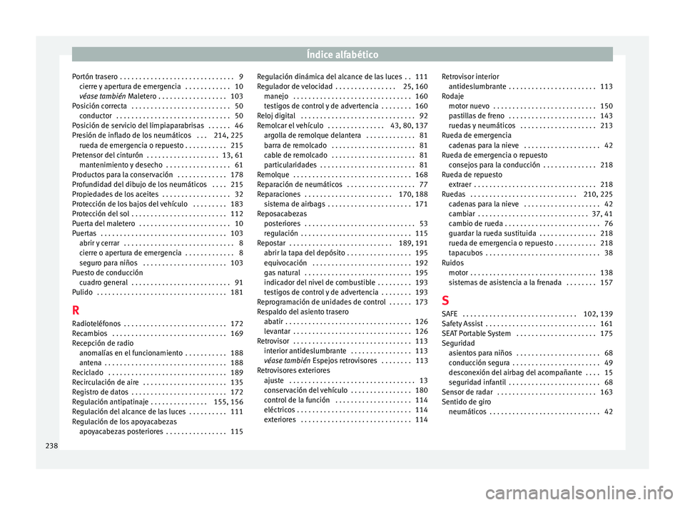 Seat Mii electric 2015  Manual de instrucciones (in Spanish) Índice alfabético
Portón trasero  . . . . . . . . . . . . . . . . . . . . . . . . . . . . . . 9 cierr
e 
y apertura de emergencia  . . . . . . . . . . . . 10
véase también  Maletero  . . . . . . 