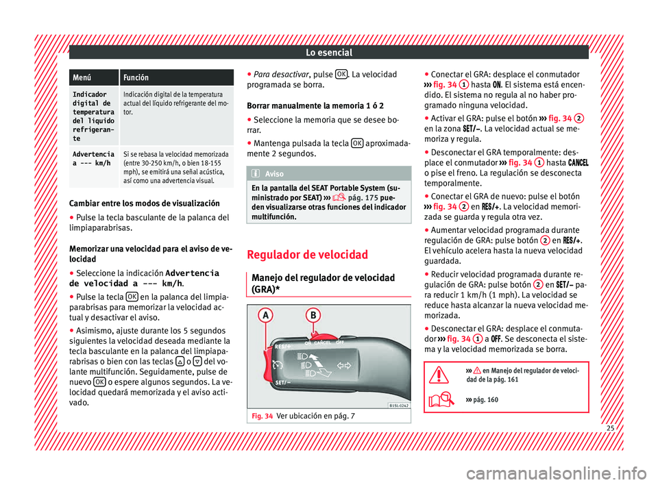 Seat Mii electric 2015  Manual de instrucciones (in Spanish) Lo esencialMenúFunción
Indicador
digital de
temperatura
del líquido
refrigeran-
teIndicación digital de la temperatura
actual del líquido refrigerante del mo-
tor.
Advertencia
a --- km/hSi se reb