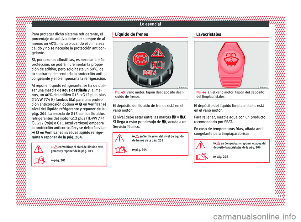 Seat Mii electric 2015  Manual de instrucciones (in Spanish) Lo esencial
Para proteger dicho sistema refrigerante, el
por c
ent
aje de aditivo debe ser siempre de al
menos un 40%, incluso cuando el clima sea
cálido y no se necesite la protección anticon-
gela