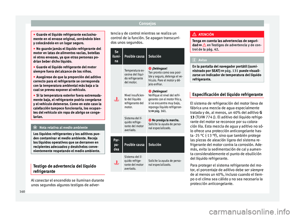 Seat Mii electric 2014 Manual de instrucciones (in Spanish) Consejos
●
Guarde el líquido refrigerante exclusiva-
mente en el envase original, cerrándolo bien
y colocándolo en un lugar seguro.
● No guarde jamás el líquido refrigerante del
motor en lata Seat Mii electric 2014 Manual de instrucciones (in Spanish) Consejos
●
Guarde el líquido refrigerante exclusiva-
mente en el envase original, cerrándolo bien
y colocándolo en un lugar seguro.
● No guarde jamás el líquido refrigerante del
motor en lata