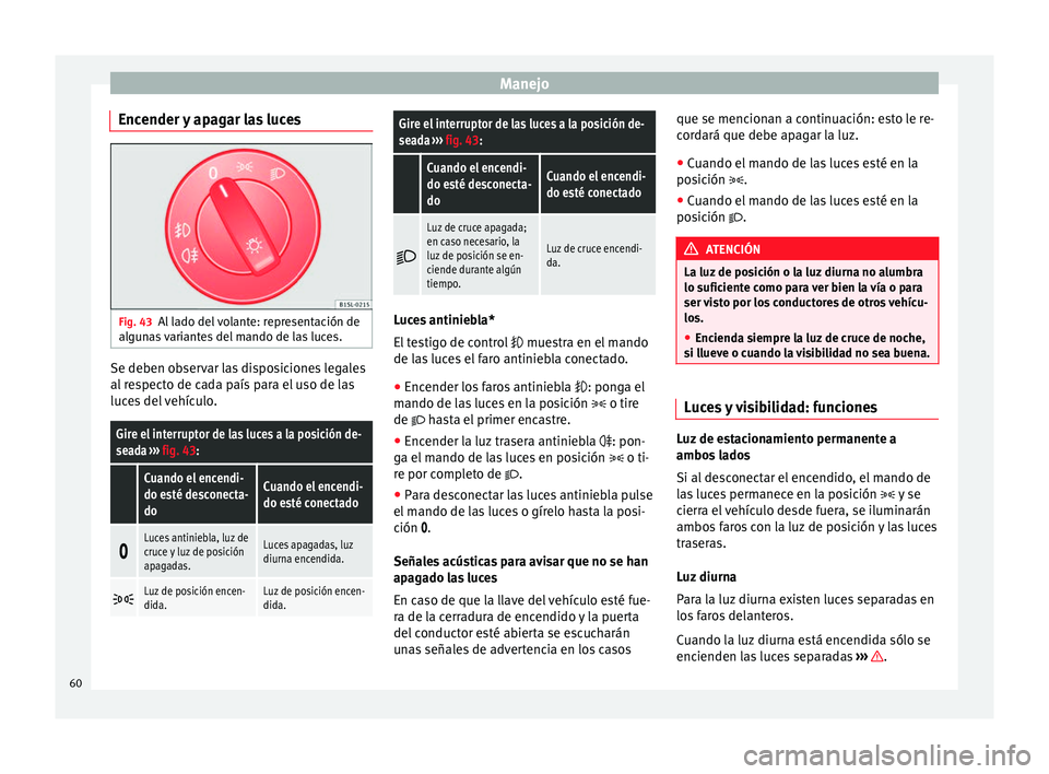 Seat Mii electric 2014 Manual de instrucciones (in Spanish) Manejo
Encender y apagar las luces Fig. 43
Al lado del volante: representación de
algunas variantes del mando de las luces. Se deben observar las disposiciones legales
al respecto de cada país para Seat Mii electric 2014 Manual de instrucciones (in Spanish) Manejo
Encender y apagar las luces Fig. 43
Al lado del volante: representación de
algunas variantes del mando de las luces. Se deben observar las disposiciones legales
al respecto de cada país para