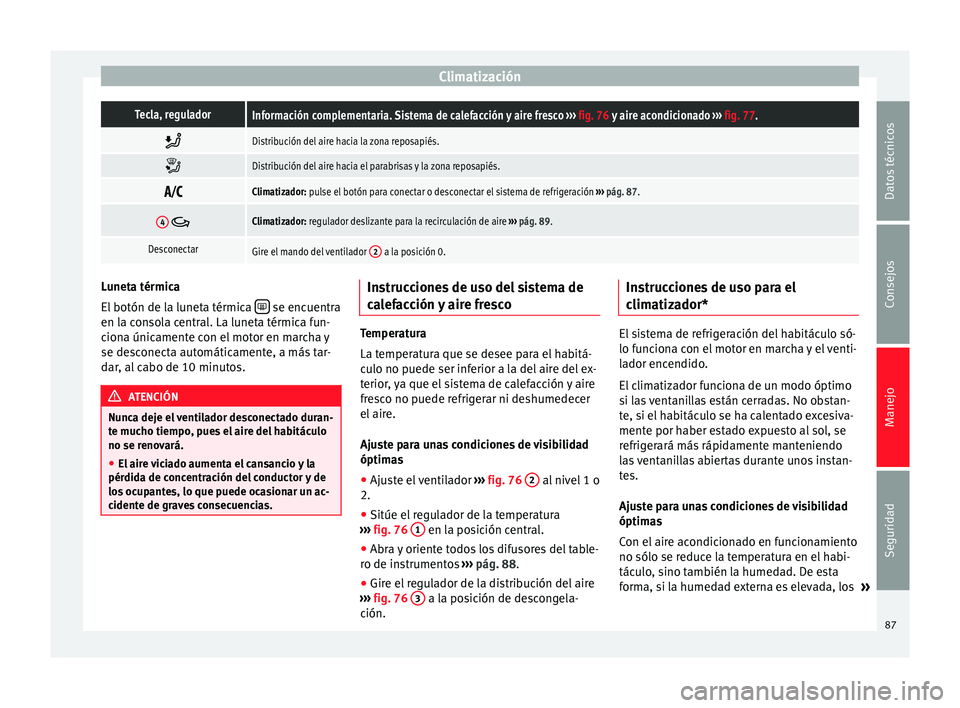 Seat Mii electric 2014 Manual de instrucciones (in Spanish) ClimatizaciónTecla, reguladorInformación complementaria. Sistema de calefacción y aire fresco
››› fig. 76 y aire acondicionado ››› fig. 77.
Distribución del aire hacia la zona re Seat Mii electric 2014 Manual de instrucciones (in Spanish) ClimatizaciónTecla, reguladorInformación complementaria. Sistema de calefacción y aire fresco
››› fig. 76 y aire acondicionado ››› fig. 77.
Distribución del aire hacia la zona re