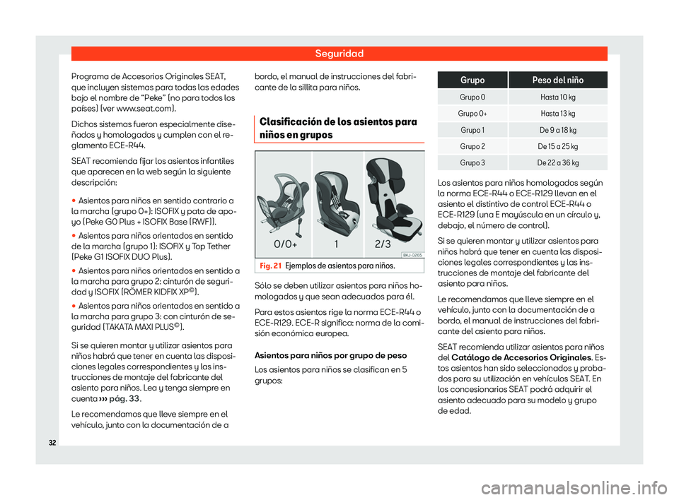 Seat Ibiza 2020  Manual de instrucciones (in Spanish) Seguridad
Programa de Accesorios Originales SEAT,
que incluyen sist emas par
a todas las edades
bajo el nombre de “Peke” (no para todos los
países) (ver www.seat.com).
Dichos sistemas fueron espe