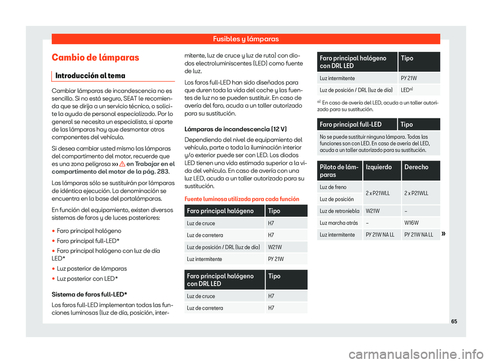 Seat Ibiza 2020  Manual de instrucciones (in Spanish) Fusibles y lámparas
Cambio de l