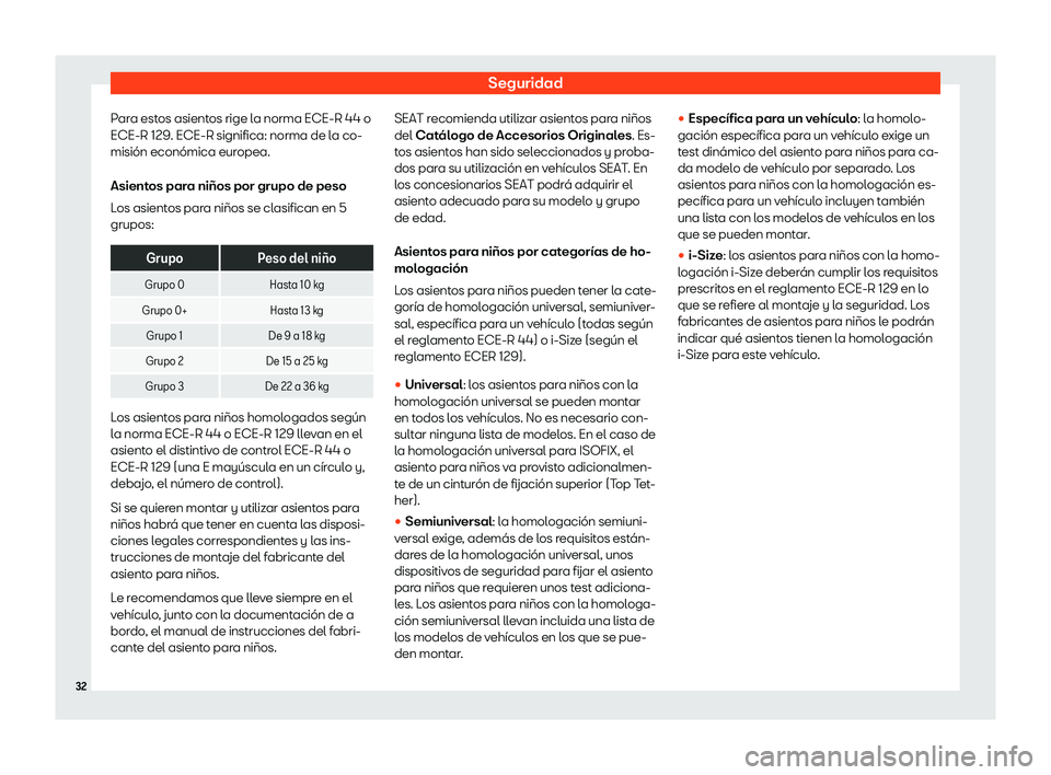 Seat Ibiza 2019  Manual de instrucciones (in Spanish) Seguridad
Para estos asientos rige la norma ECE-R 44 o
ECE-R 129. ECE-R significa: norma de l a co-
misi