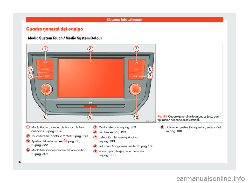 Seat Ibiza 2018  Manual de instrucciones (in Spanish) Sistema Infotainment
Cuadro general del equipo Media Syst em T
ouch / Media Syst
em Colour Fig. 173
Cuadro general de los mandos (esta con-
figur aci
