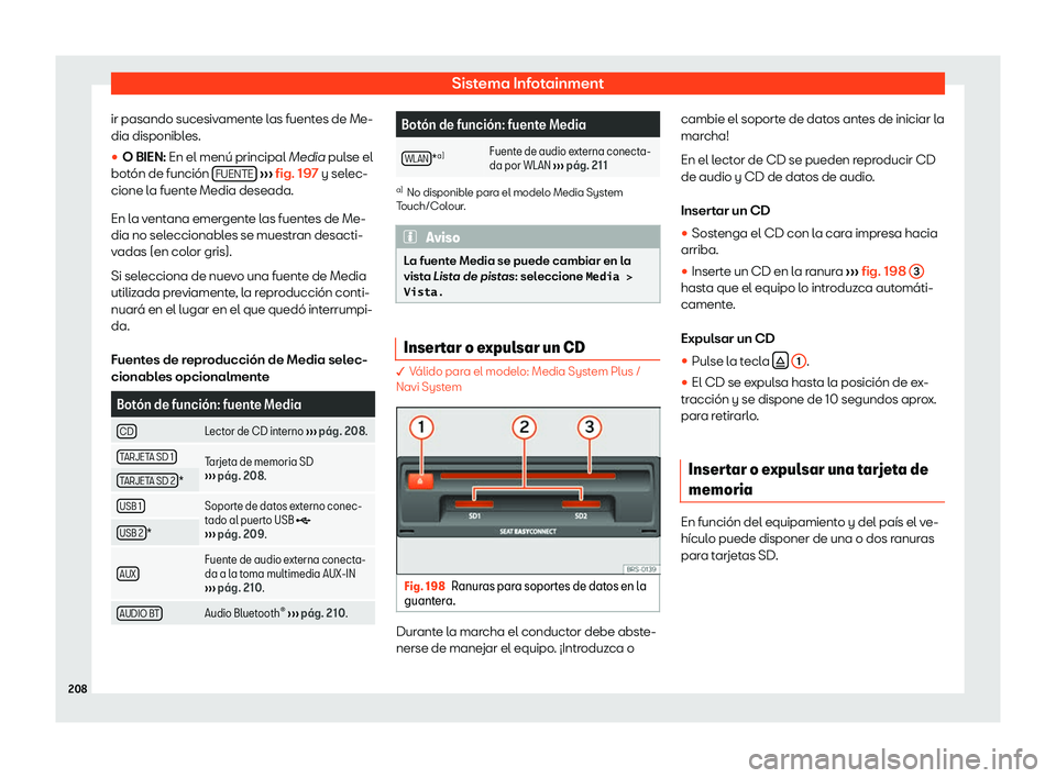 Seat Ibiza 2018  Manual de instrucciones (in Spanish) Sistema Infotainment
ir pasando sucesivamente las fuentes de Me-
dia disponibl es.
