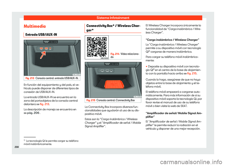 Seat Ibiza 2018  Manual de instrucciones (in Spanish) Sistema Infotainment
Multimedia Entr ada USB/AUX-IN Fig. 213
Consola central: entrada USB/AUX-IN. En funci