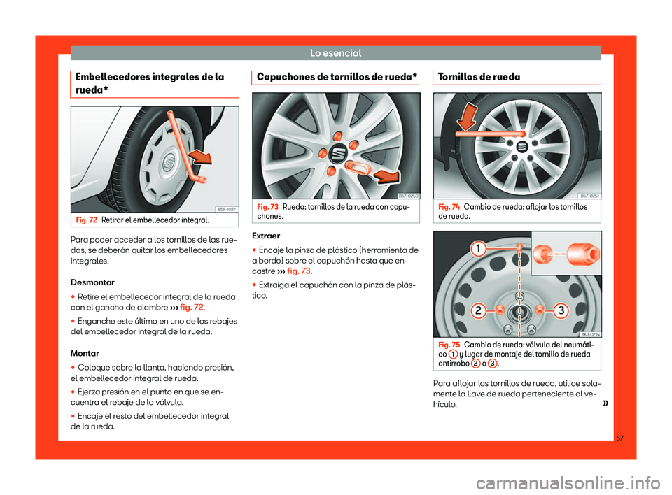 Seat Ibiza 2018  Manual de instrucciones (in Spanish) Lo esencial
Embellecedores integrales de la
rueda* Fig. 72
Retirar el embellecedor integral. Para poder acceder a los tornillos de las rue-
das, se deber
