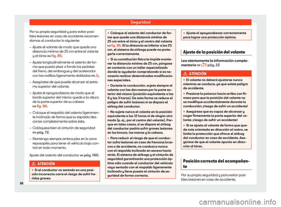 Seat Ibiza 2018  Manual de instrucciones (in Spanish) Seguridad
Por su propia seguridad y para evitar posi-
bl es l
esiones en caso de accident
e recomen-
damos al conductor lo siguiente:
�