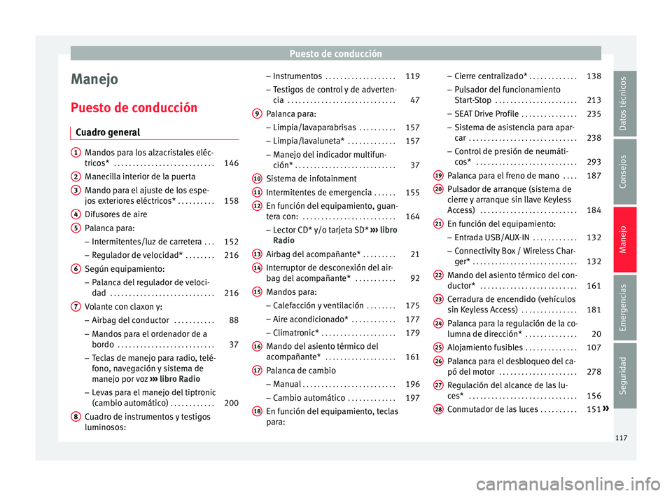 Seat Nuevo Ibiza 2017  Manual de instrucciones (in Spanish) Puesto de conducción
Manejo
P ue
s
to de conducción
Cuadro general Mandos para los alzacristales eléc-
trico
s* . . . . . . . . . . . . . . . . . . . . . . . . . . . 146
M

anecilla interior de la 