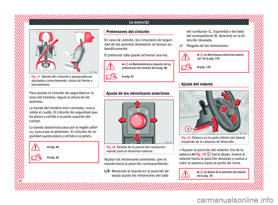 Seat Nuevo Ibiza 2017  Manual de instrucciones (in Spanish) Lo esencial
Fig. 17
Banda del cinturón y apoyacabezas
ajus t
ados correctamente, vistos de frente y
lateralmente. Para ajustar el cinturón de seguridad en la
z
on
a del

 hombro, regule la altura de