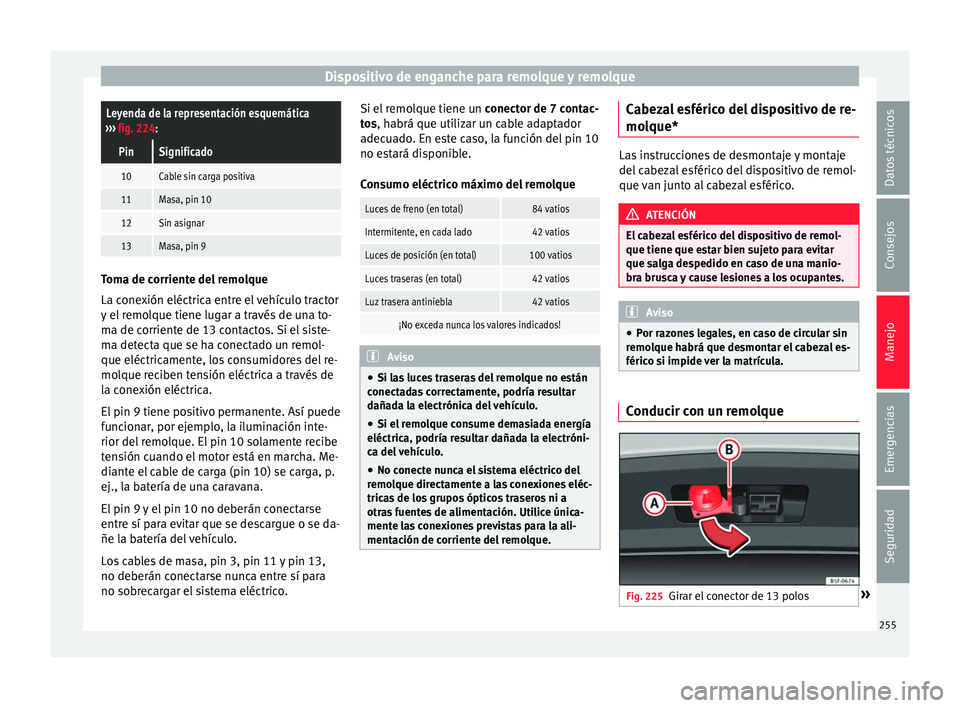Seat Nuevo Ibiza 2017  Manual de instrucciones (in Spanish) Dispositivo de enganche para remolque y remolqueLeyenda de la representación esquemática
›››  fig. 224:
PinSignificado
10Cable sin carga positiva
11Masa, pin 10
12Sin asignar
13Masa, pin 9 Tom
