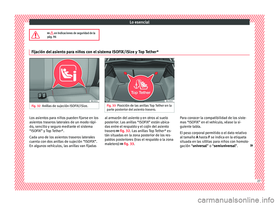 Seat Nuevo Ibiza 2017  Manual de instrucciones (in Spanish) Lo esencial
›››  en Indicaciones de seguridad de la
pág. 96 Fijación del asiento para niños con el sistema ISOFIX/iSize y Top Tether*
Fig. 32
Anillas de sujeción ISOFIX/iSize. Fig. 33
Pos