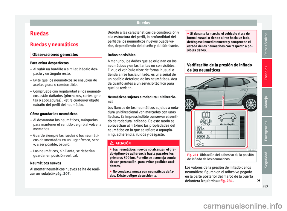 Seat Nuevo Ibiza 2017  Manual de instrucciones (in Spanish) Ruedas
Ruedas R ued
a
s y neumáticos
Observaciones generales Para evitar desperfectos
– Al subir un bordillo o similar, hágalo des-
pac io 

y en ángulo recto.
– Evite que los neumáticos se en