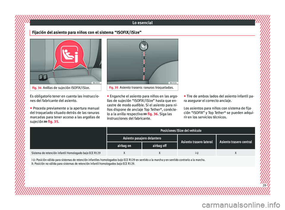 Seat Nuevo Ibiza 2017  Manual de instrucciones (in Spanish) Lo esencial
Fijación del asiento para niños con el sistema “ISOFIX/iSize” Fig. 34
Anillas de sujeción ISOFIX/iSize. Fig. 35
Asiento trasero: ranuras troqueladas. Es obligatorio tener en cuenta 