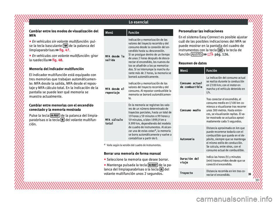 Seat Nuevo Ibiza 2017  Manual de instrucciones (in Spanish) Lo esencial
Cambiar entre los modos de visualización del
MF A
● En 
vehículos sin volante multifunción:  pul-
se l
 a tecla basculante    de la palanca del
limpi ap
ar
abrisas  ››