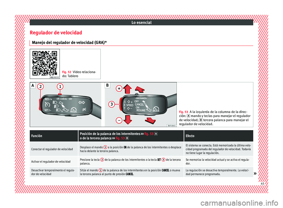 Seat Nuevo Ibiza 2017  Manual de instrucciones (in Spanish) Lo esencial
Regulador de velocidad M anej
o del
 regulador de velocidad (GRA)* Fig. 52
Video relaciona-
do: Tab

lero Fig. 53
A la izquierda de la columna de la direc-
ción:  m
 ando y teclas para