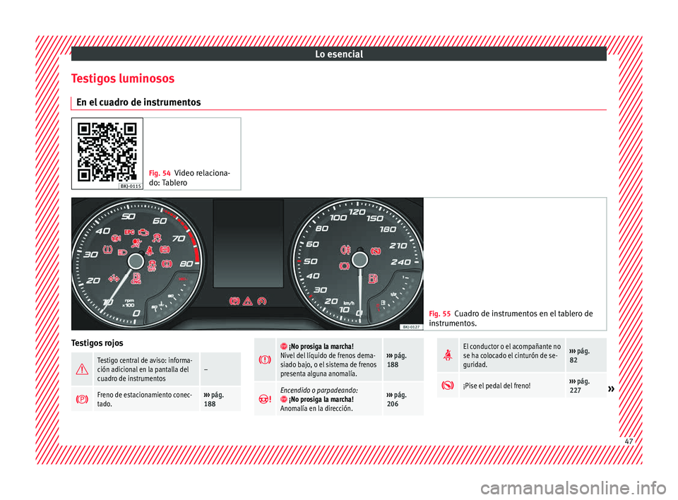 Seat Nuevo Ibiza 2017  Manual de instrucciones (in Spanish) Lo esencial
Testigos luminosos En el  c
ua
dro de instrumentos Fig. 54
Video relaciona-
do: Tab

lero Fig. 55
Cuadro de instrumentos en el tablero de
in s
trument

os. Testigos rojos

Testigo centr