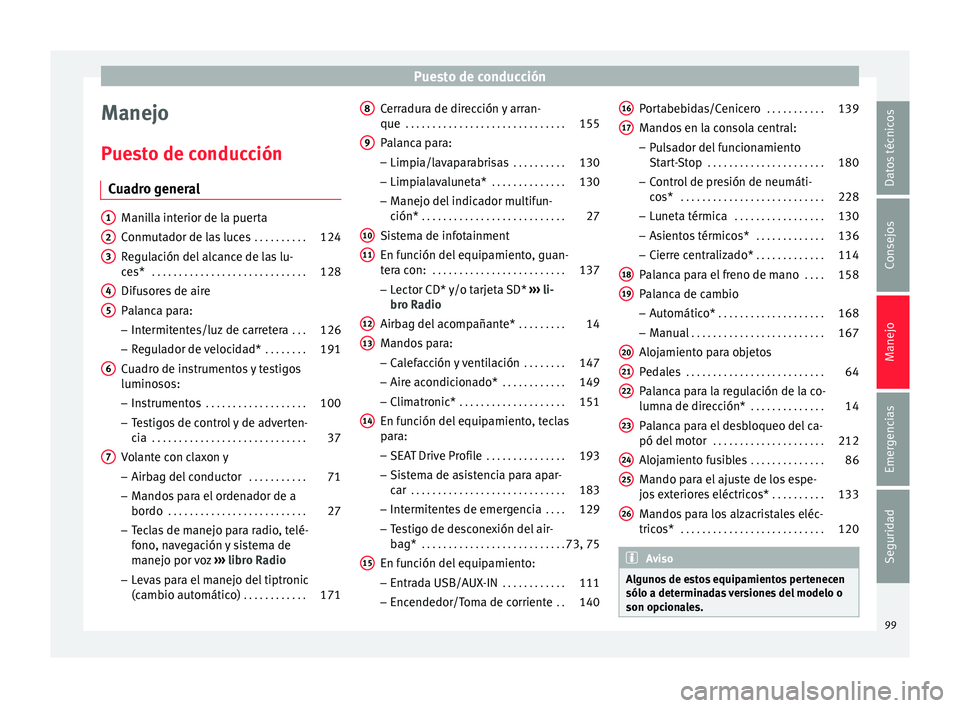 Seat Ibiza SC 2016 Manual de instrucciones (in Spanish) Puesto de conducción
Manejo
P ue
s
to de conducción
Cuadro general Manilla interior de la puerta
Conmut
a
dor de las luces . . . . . . . . . .124
Regulación del alcance de las lu-
ces* . . . . . Seat Ibiza SC 2016 Manual de instrucciones (in Spanish) Puesto de conducción
Manejo
P ue
s
to de conducción
Cuadro general Manilla interior de la puerta
Conmut
a
dor de las luces . . . . . . . . . .124
Regulación del alcance de las lu-
ces* . . . . .
