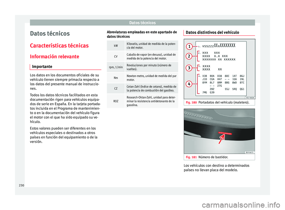 Seat Ibiza SC 2016 Manual de instrucciones (in Spanish) Datos técnicos
Datos técnicos
C ar
act
erísticas técnicas
Información relevante Importante Los datos en los documentos oficiales de su
vehíc
u
lo tienen siempre primacía respecto a
los datos d Seat Ibiza SC 2016 Manual de instrucciones (in Spanish) Datos técnicos
Datos técnicos
C ar
act
erísticas técnicas
Información relevante Importante Los datos en los documentos oficiales de su
vehíc
u
lo tienen siempre primacía respecto a
los datos d