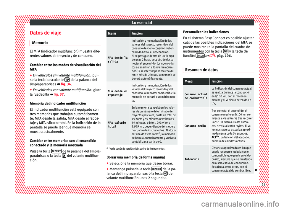 Seat Ibiza 5D 2016 Manual de instrucciones (in Spanish) Lo esencial
Datos de viaje M emori
a El MFA (indicador multifunción) muestra dife-
rent
e
s valores de trayecto y de consumo.
Cambiar entre los modos de visualización del
MFA
● En vehículos sin v Seat Ibiza 5D 2016 Manual de instrucciones (in Spanish) Lo esencial
Datos de viaje M emori
a El MFA (indicador multifunción) muestra dife-
rent
e
s valores de trayecto y de consumo.
Cambiar entre los modos de visualización del
MFA
● En vehículos sin v