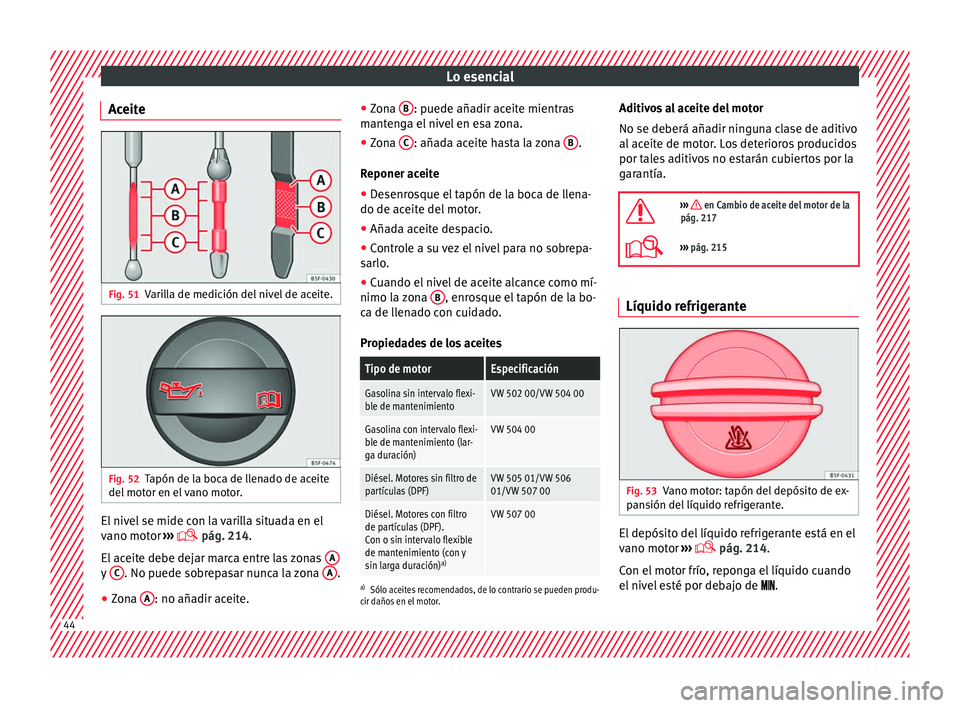 Seat Ibiza 5D 2016 Manual de instrucciones (in Spanish) Lo esencial
Aceite Fig. 51
Varilla de medición del nivel de aceite. Fig. 52
Tapón de la boca de llenado de aceite
del mot
or en el
vano motor. El nivel se mide con la varilla situada en el
v
ano m Seat Ibiza 5D 2016 Manual de instrucciones (in Spanish) Lo esencial
Aceite Fig. 51
Varilla de medición del nivel de aceite. Fig. 52
Tapón de la boca de llenado de aceite
del mot
or en el
vano motor. El nivel se mide con la varilla situada en el
v
ano m