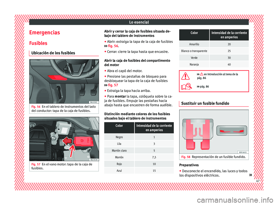 Seat Ibiza 5D 2016 Manual de instrucciones (in Spanish) Lo esencial
Emergencias
F u
s
ibles
Ubicación de los fusibles Fig. 56
En el tablero de instrumentos del lado
del c
onduct
or: tapa de la caja de fusibles. Fig. 57
En el vano motor: tapa de la caja Seat Ibiza 5D 2016 Manual de instrucciones (in Spanish) Lo esencial
Emergencias
F u
s
ibles
Ubicación de los fusibles Fig. 56
En el tablero de instrumentos del lado
del c
onduct
or: tapa de la caja de fusibles. Fig. 57
En el vano motor: tapa de la caja