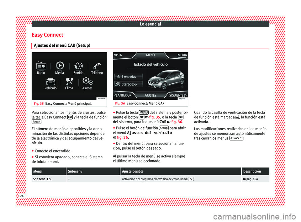 Seat Ibiza ST 2016 Manual de instrucciones (in Spanish) Lo esencial
Easy Connect Aju s
te
s del menú CAR (Setup) Fig. 35
Easy Connect: Menú principal. Fig. 36
Easy Connect: Menú CAR Para seleccionar los menús de ajustes, pulse
l
a t
ecl
a Easy Connect Seat Ibiza ST 2016 Manual de instrucciones (in Spanish) Lo esencial
Easy Connect Aju s
te
s del menú CAR (Setup) Fig. 35
Easy Connect: Menú principal. Fig. 36
Easy Connect: Menú CAR Para seleccionar los menús de ajustes, pulse
l
a t
ecl
a Easy Connect