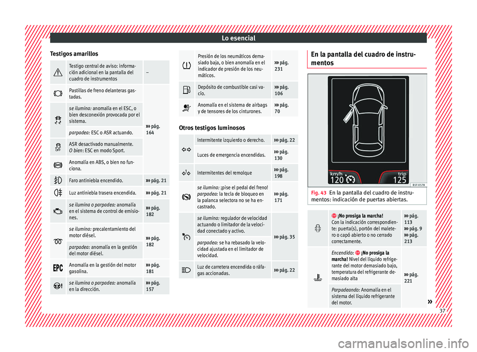 Seat Ibiza ST 2016  Manual de instrucciones (in Spanish) Lo esencial
Testigos amarillos Testigo central de aviso: informa-
ción adicional en la pantalla del
cuadro de instrumentos–

Pastillas de freno delanteras gas-
tadas.
››› 
pág. 
164 