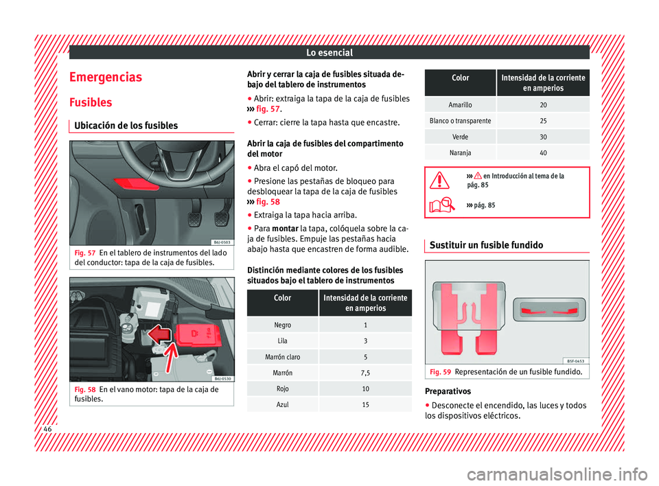 Seat Ibiza ST 2016 Manual de instrucciones (in Spanish) Lo esencial
Emergencias
F u
sib
les
Ubicación de los fusibles Fig. 57
En el tablero de instrumentos del lado
del c
onduct or: t
apa de la caja de fusibles. Fig. 58
En el vano motor: tapa de la caja Seat Ibiza ST 2016 Manual de instrucciones (in Spanish) Lo esencial
Emergencias
F u
sib
les
Ubicación de los fusibles Fig. 57
En el tablero de instrumentos del lado
del c
onduct or: t
apa de la caja de fusibles. Fig. 58
En el vano motor: tapa de la caja