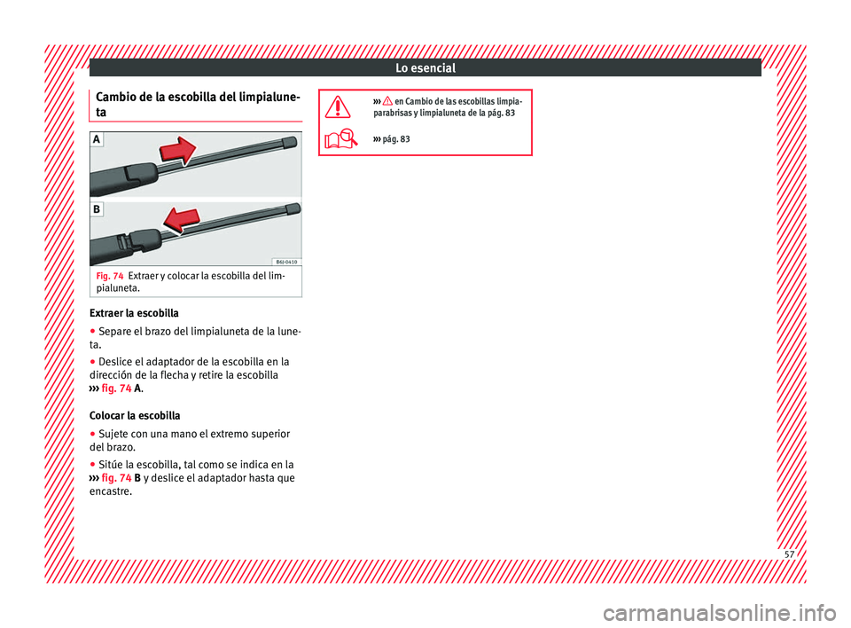 Seat Ibiza ST 2016  Manual de instrucciones (in Spanish) Lo esencial
Cambio de la escobilla del limpialune-
t a Fig. 74
Extraer y colocar la escobilla del lim-
pi alu
net a. Extraer la escobilla
● Separe el brazo del limpialuneta de la lune-
t a.
● Des
