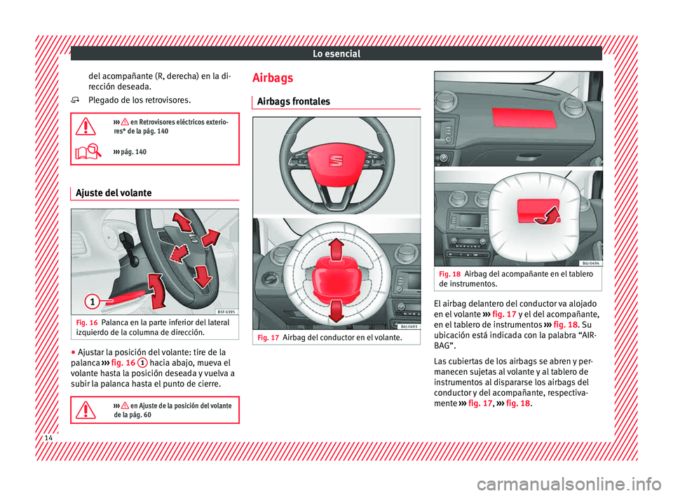 Seat Ibiza ST 2015  Manual de instrucciones (in Spanish) Lo esencial
del acompañante (R, derecha) en la di-
r ec
ción de
se
ada.
Plegado de los retrovisores.

›››  en Retrovisores eléctricos exterio-
res* de la pág. 140
›››  pág. 140 