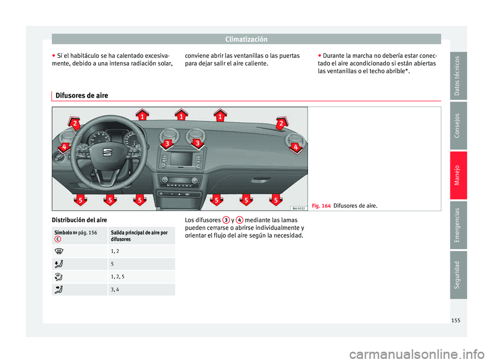 Seat Ibiza SC 2015  Manual de instrucciones (in Spanish) Climatización
● Si el  h
ab itác
u
lo se ha calentado excesiva-
mente, debido a una intensa radiación solar, conviene abrir las ventanillas o las puertas
para dejar salir el
 aire caliente. ●
D