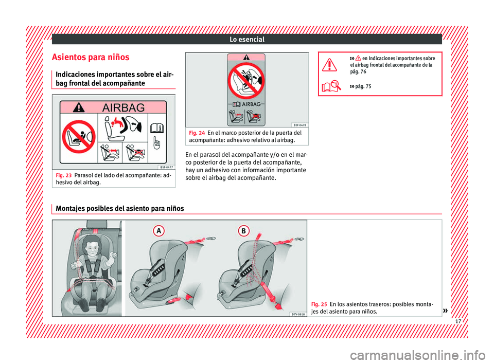 Seat Ibiza 5D 2015 Manual de instrucciones (in Spanish) Lo esencial
Asientos para niños Indic ac
ione s
impor
tantes sobre el air-
bag frontal del acompañante Fig. 23
Parasol del lado del acompañante: ad-
he s
iv o del
airb
ag. Fig. 24
En el marco po Seat Ibiza 5D 2015 Manual de instrucciones (in Spanish) Lo esencial
Asientos para niños Indic ac
ione s
impor
tantes sobre el air-
bag frontal del acompañante Fig. 23
Parasol del lado del acompañante: ad-
he s
iv o del
airb
ag. Fig. 24
En el marco po