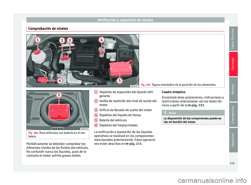 Seat Ibiza ST 2015  Manual de instrucciones (in Spanish) Verificación y reposición de niveles
Comprobación de niveles Fig. 185
Figura orientativa de la posición de los elementos. Fig. 186
Para vehículos con batería en el ma-
letero . Periódicamente s
