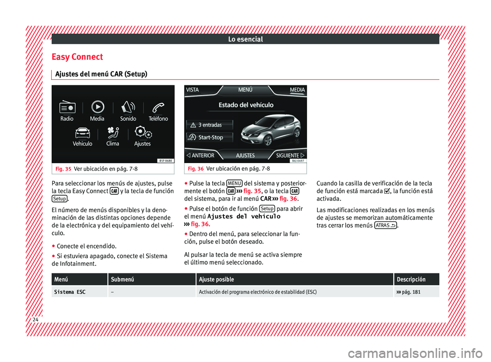 Seat Ibiza ST 2015 Manual de instrucciones (in Spanish) Lo esencial
Easy Connect Aju s
te
s
del menú CAR (Setup) Fig. 35
Ver ubicación en pág. 7-8 Fig. 36
Ver ubicación en pág. 7-8 Para seleccionar los menús de ajustes, pulse
l
a t
ecl
a E
asy Conn Seat Ibiza ST 2015 Manual de instrucciones (in Spanish) Lo esencial
Easy Connect Aju s
te
s
del menú CAR (Setup) Fig. 35
Ver ubicación en pág. 7-8 Fig. 36
Ver ubicación en pág. 7-8 Para seleccionar los menús de ajustes, pulse
l
a t
ecl
a E
asy Conn
