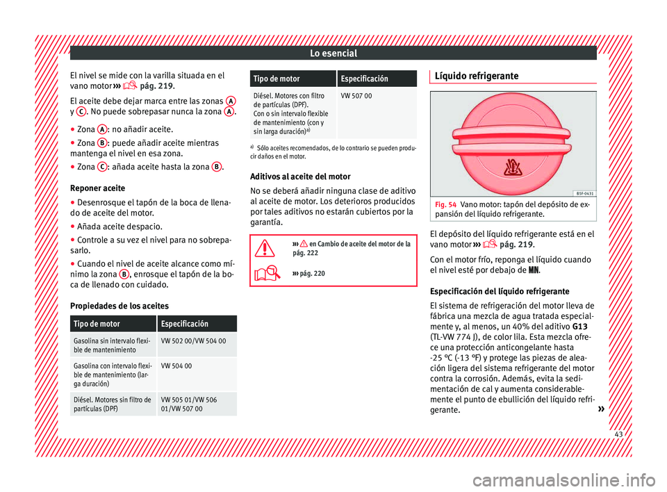 Seat Ibiza 5D 2015 Manual de instrucciones (in Spanish) Lo esencial
El nivel se mide con la varilla situada en el
v ano mot
or ››
›
pág. 219.
El aceite debe dejar marca entre las zonas Ay
C . No puede sobrepasar nunca la zona
A .
● Zona A Seat Ibiza 5D 2015 Manual de instrucciones (in Spanish) Lo esencial
El nivel se mide con la varilla situada en el
v ano mot
or ››
›
pág. 219.
El aceite debe dejar marca entre las zonas Ay
C . No puede sobrepasar nunca la zona
A .
● Zona A