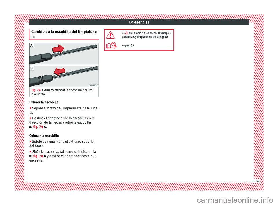 Seat Ibiza ST 2015  Manual de instrucciones (in Spanish) Lo esencial
Cambio de la escobilla del limpialune-
t a Fig. 74
Extraer y colocar la escobilla del lim-
pi alu
net a. Extraer la escobilla
● Separe el brazo del limpialuneta de la lune-
t a.
● Des
