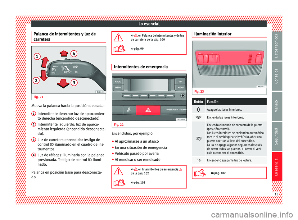 Seat Ibiza 5D 2014  Manual de instrucciones (in Spanish) Lo esencial
Palanca de intermitentes y luz de
carretera Fig. 21
  Mueva la palanca hacia la posición deseada:
Intermitente derecho: luz de aparcamien-
to derecha (encendido desconectado).
Intermitent