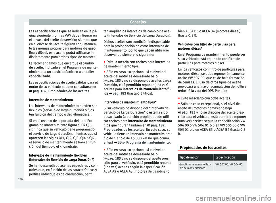 Seat Ibiza SC 2014  Manual de instrucciones (in Spanish) Consejos
Las especificaciones que se indican en la pá-
gina siguiente (normas VW) deben figurar en
el envase del aceite de servicio; siempre que
en el envase del aceite figuren conjuntamen-
te las no