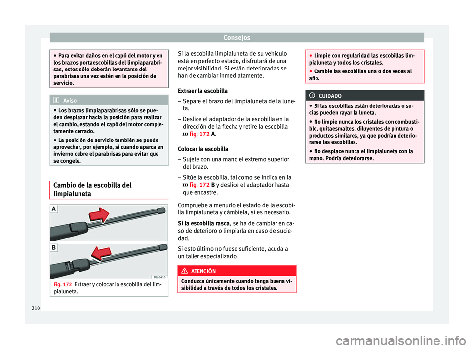 Seat Ibiza SC 2014 Manual de instrucciones (in Spanish) Consejos
●
Para evitar daños en el capó del motor y en
los brazos portaescobillas del limpiaparabri-
sas, estos sólo deberán levantarse del
parabrisas una vez estén en la posición de
servicio. Seat Ibiza SC 2014 Manual de instrucciones (in Spanish) Consejos
●
Para evitar daños en el capó del motor y en
los brazos portaescobillas del limpiaparabri-
sas, estos sólo deberán levantarse del
parabrisas una vez estén en la posición de
servicio.