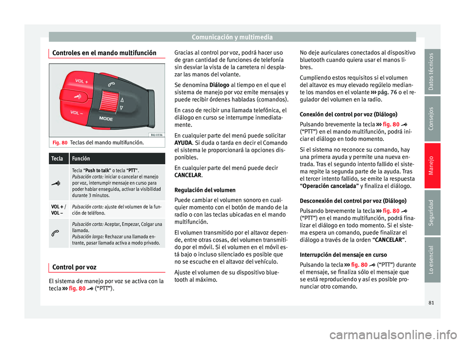 Seat Ibiza SC 2014 Manual de instrucciones (in Spanish) Comunicación y multimedia
Controles en el mando multifunción Fig. 80
Teclas del mando multifunción.TeclaFunción
Tecla “Push to talk” o tecla “PTT”.
Pulsación corta: iniciar o cancelar Seat Ibiza SC 2014 Manual de instrucciones (in Spanish) Comunicación y multimedia
Controles en el mando multifunción Fig. 80
Teclas del mando multifunción.TeclaFunción
Tecla “Push to talk” o tecla “PTT”.
Pulsación corta: iniciar o cancelar