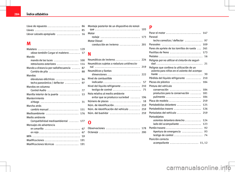 Seat Ibiza 5D 2012 Manual de instrucciones (in Spanish) Llave de repuesto . . . . . . . . . . . . . . . . . . . . . . . . 86
Llaves . . . . . . . . . . . . . . . . . . . . . . . . . . . . . . . . . 85
Llevar calzado apropiado . . . . . . . . . . . . . . Seat Ibiza 5D 2012 Manual de instrucciones (in Spanish) Llave de repuesto . . . . . . . . . . . . . . . . . . . . . . . . 86
Llaves . . . . . . . . . . . . . . . . . . . . . . . . . . . . . . . . . 85
Llevar calzado apropiado . . . . . . . . . . . . . .
