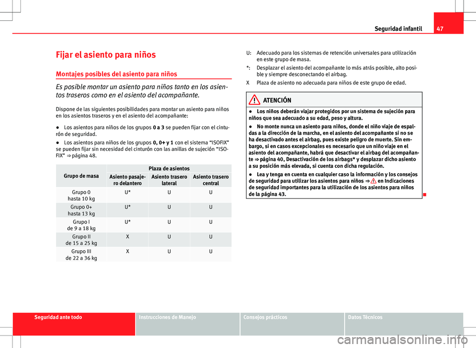 Seat Ibiza 5D 2011 Manual de instrucciones (in Spanish) 47
Seguridad infantil
Fijar el asiento para niños Montajes posibles del asiento para niños
Es posible montar un asiento para niños tanto en los asien-
tos traseros como en el asiento del acompañan Seat Ibiza 5D 2011 Manual de instrucciones (in Spanish) 47
Seguridad infantil
Fijar el asiento para niños Montajes posibles del asiento para niños
Es posible montar un asiento para niños tanto en los asien-
tos traseros como en el asiento del acompañan
