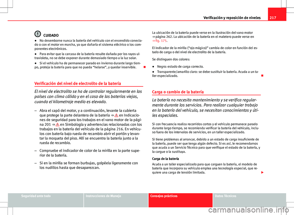 Seat Ibiza SC 2011  Manual de instrucciones (in Spanish) 217
Verificación y reposición de niveles
CUIDADO
● No desemborne nunca la batería del vehículo con el encendido conecta-
do o con el motor en marcha, ya que dañaría el sistema eléctrico o los