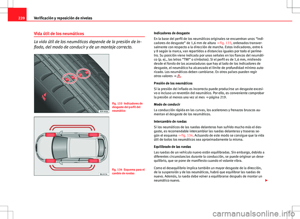 Seat Ibiza SC 2010 Manual de instrucciones (in Spanish) 220Verificación y reposición de niveles
Vida útil de los neumáticos
La vida útil de los neumáticos depende de la presión de in-
flado, del modo de conducir y de un montaje correcto.
Fig. 133 In Seat Ibiza SC 2010 Manual de instrucciones (in Spanish) 220Verificación y reposición de niveles
Vida útil de los neumáticos
La vida útil de los neumáticos depende de la presión de in-
flado, del modo de conducir y de un montaje correcto.
Fig. 133 In