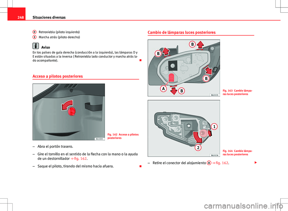 Seat Ibiza SC 2010  Manual de instrucciones (in Spanish) 248Situaciones diversas
Retroniebla (piloto izquierdo)
Marcha atrás (piloto derecho)
Aviso
En los países de guía derecha (conducción a la izquierda), las lámparas D y
E están situadas a la inver