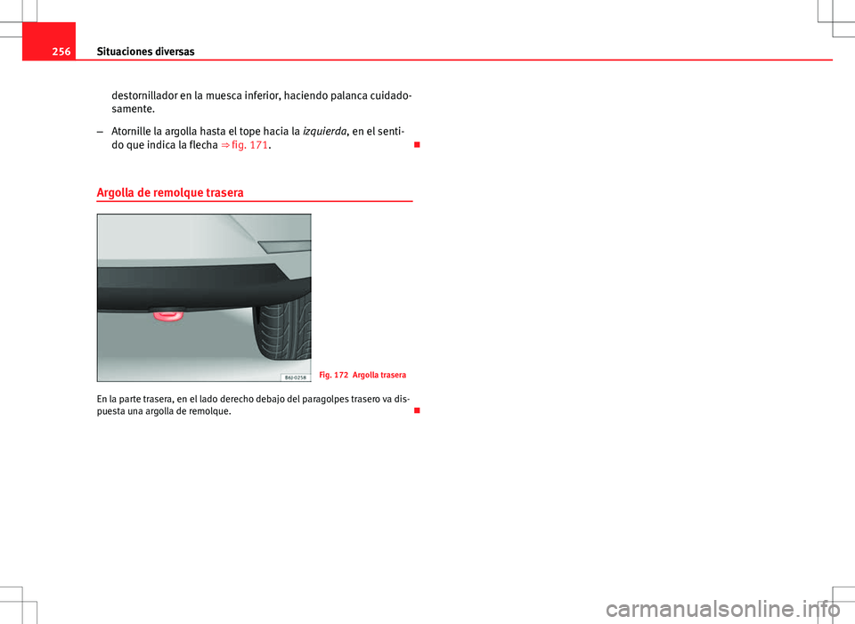 Seat Ibiza SC 2009 Manual de instrucciones (in Spanish) 256Situaciones diversas
destornillador en la muesca inferior, haciendo palanca cuidado-
samente.
– Atornille la argolla hasta el tope hacia la izquierda, en el senti-
do que indica la flecha ⇒ Seat Ibiza SC 2009 Manual de instrucciones (in Spanish) 256Situaciones diversas
destornillador en la muesca inferior, haciendo palanca cuidado-
samente.
– Atornille la argolla hasta el tope hacia la izquierda, en el senti-
do que indica la flecha ⇒