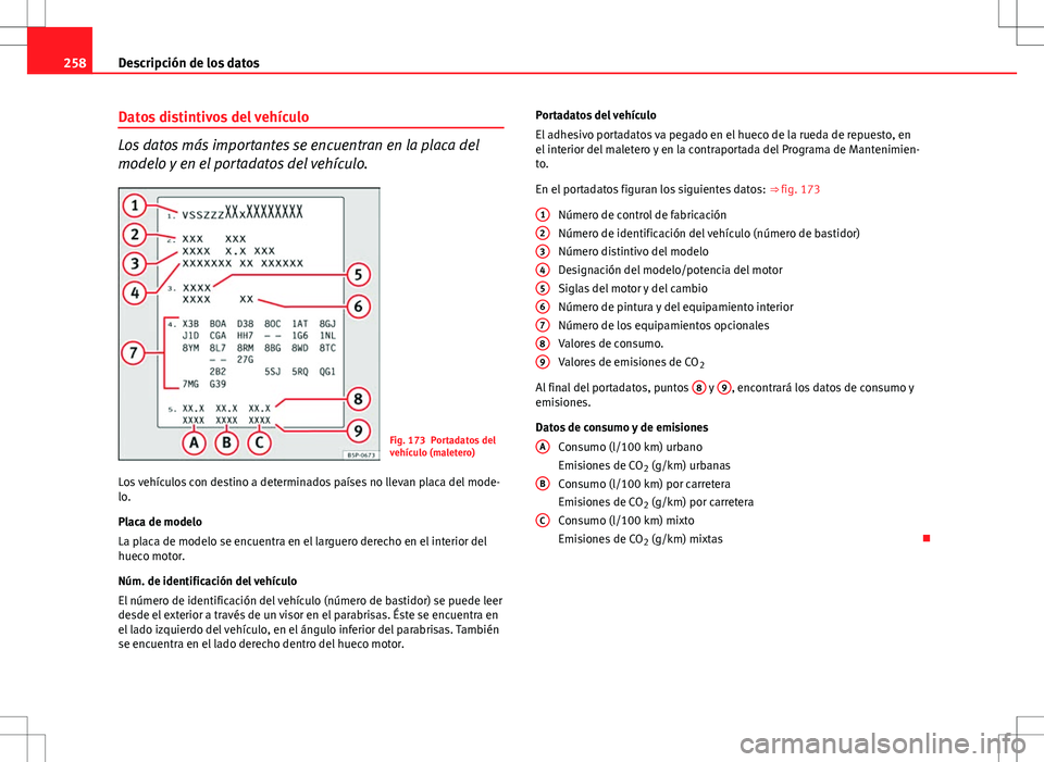 Seat Ibiza SC 2011  Manual de instrucciones (in Spanish) 258Descripción de los datos
Datos distintivos del vehículo
Los datos más importantes se encuentran en la placa del
modelo y en el portadatos del vehículo.
Fig. 173 Portadatos del
vehículo (malete